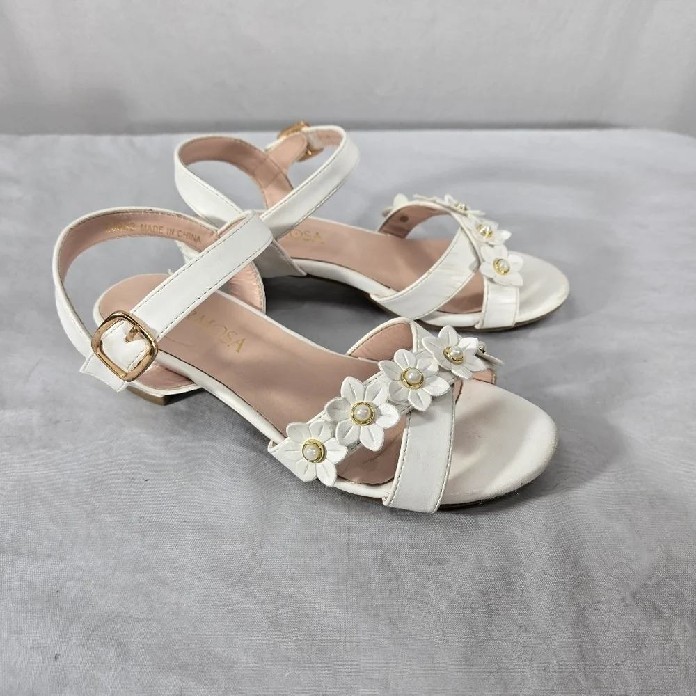Laurmosa Girls' Open-Toe Floral Sandals with Ankle Strap Size 1 White Faux Pearl